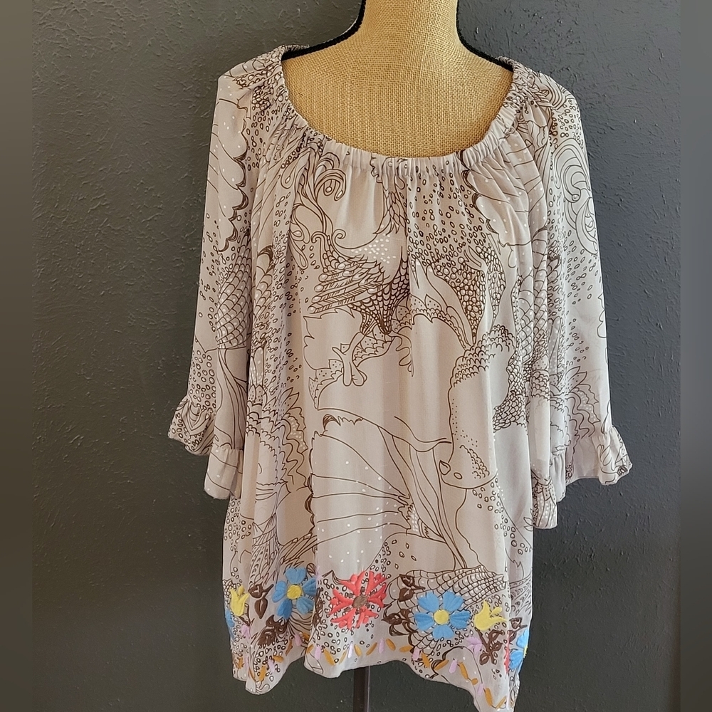 Ivy Jane Small Sheer Beige Blouse Embroidered Hem